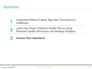 20© 2014 Valence Health. All rights reserved.
Clinical Integration
Objectives
1
Understand  What’s  Fueling  “Big  Data”  Discussions  in  
Healthcare
2
Learn  How  Texas’  Children’s  Health  Plan  is  Using  
Electronic Health Information and Strategic Analytics
3 Answer Your Questions
 