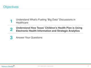 7© 2014 Valence Health. All rights reserved.
Clinical Integration
Objectives
1
Understand  What’s  Fueling  “Big  Data”  Discussions  in  
Healthcare
2
Understand  How  Texas’  Children’s  Health  Plan  is  Using  
Electronic Health Information and Strategic Analytics
3 Answer Your Questions
 
