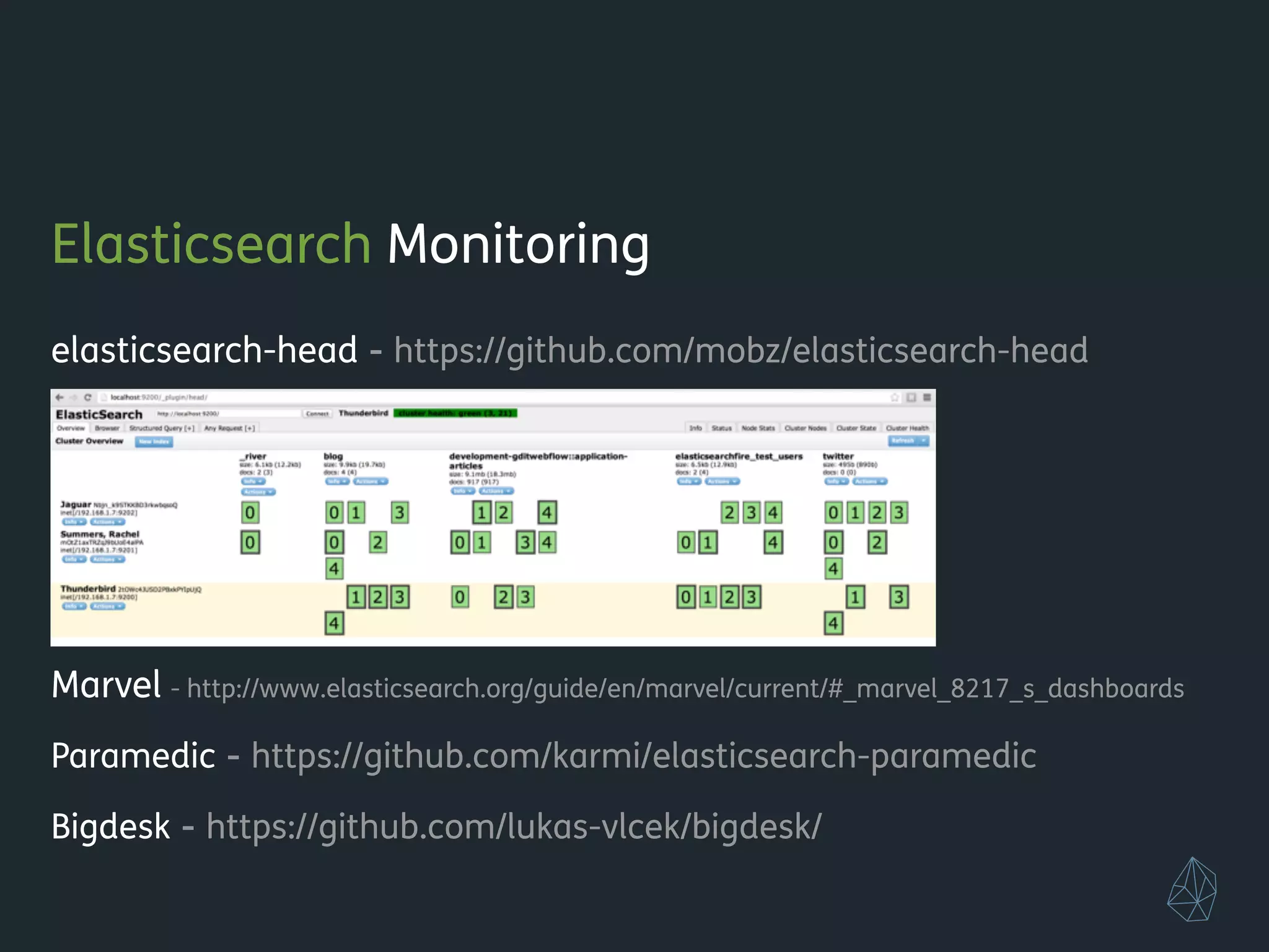 Elasticsearch Monitoring
elasticsearch-head - https://github.com/mobz/elasticsearch-head
!
!
!
!
Marvel - http://www.elasticsearch.org/guide/en/marvel/current/#_marvel_8217_s_dashboards
Paramedic - https://github.com/karmi/elasticsearch-paramedic
Bigdesk - https://github.com/lukas-vlcek/bigdesk/
!
 