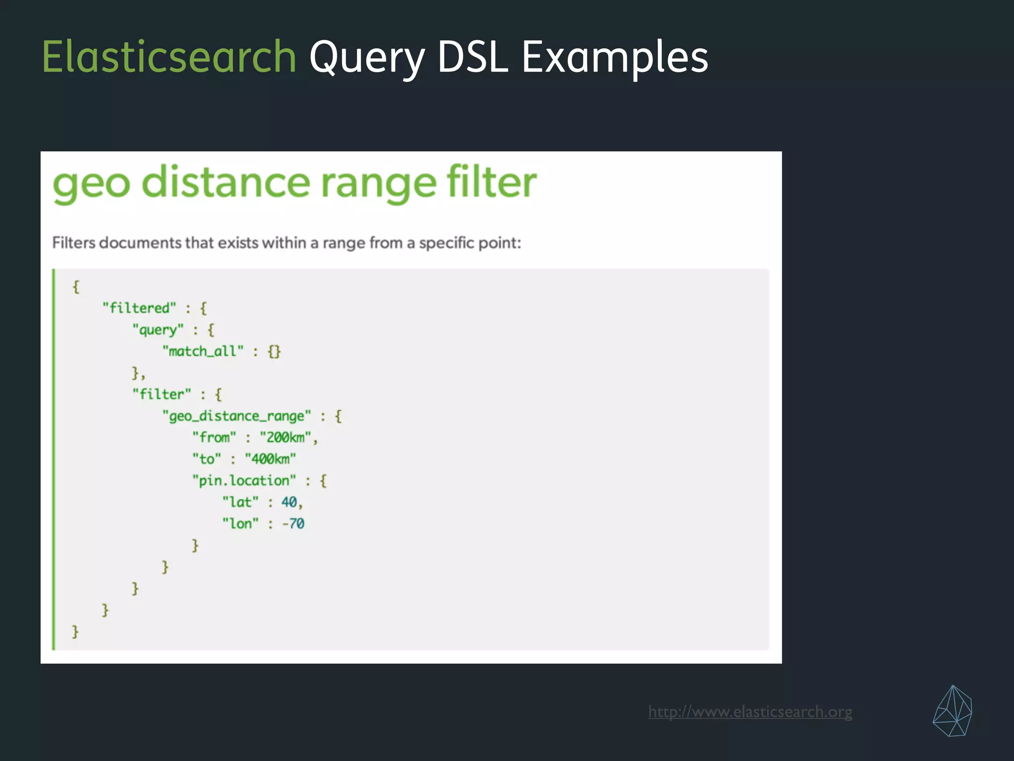 Elasticsearch Query DSL Examples
http://www.elasticsearch.org
 