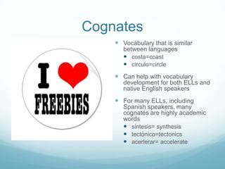 Cognates
     Vocabulary that is similar
       between languages
        costa=coast
        circulo=circle
     Can ...