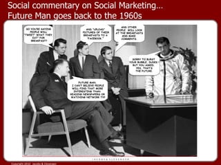 Social commentary on Social Marketing…  Future Man goes back to the 1960s AND “UPLOAD”  PICTURES OF THEIR BREAKFASTS TO A  “ FACEBOOK. ”  AND OTHER  PEOPLE  WILL LOOK AT THE BREAKFASTS AND MAKE  COMMENTS. SORRY TO BURST  YOUR BUBBLE, DUDES ! BUT YOU ASKED.  YES, THAT’S THE FUTURE. FUTURE MAN, I CAN’T BELIEVE PEOPLE WILL FIND THAT MORE  INTERESTING THAN  READING NEWSPAPERS OR WATCHING NETWORK TV!! SO YOU’RE SAYING PEOPLE WILL  “ TWEET” WHAT THEY  EAT” FOR BREAKFAST? 