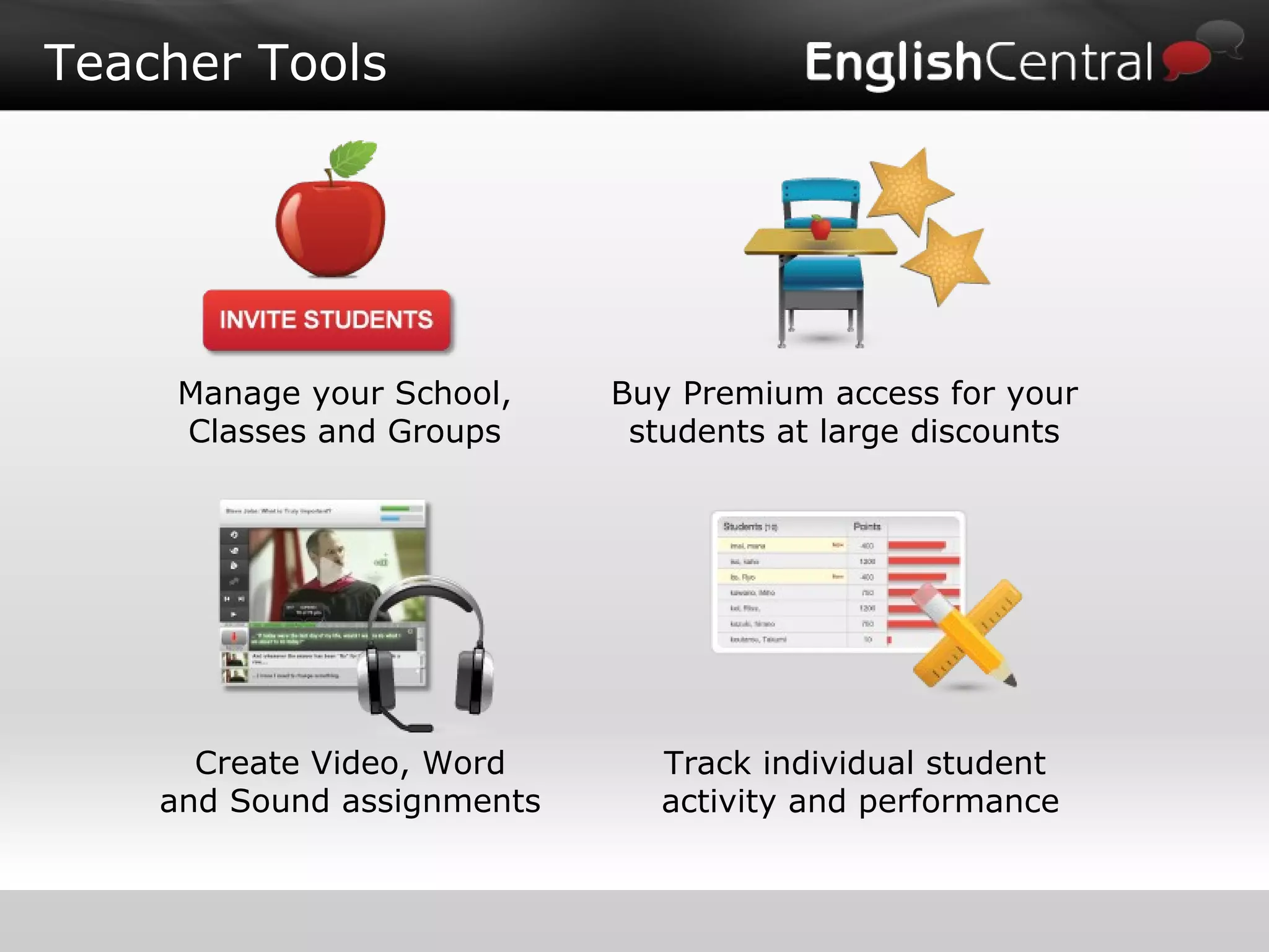 Manage your School, Classes and Groups Buy Premium access for your students at large discounts Create Video, Word and Sound assignments Track individual student  activity and performance Teacher Tools 
