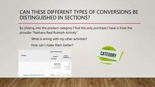 CAN THESE DIFFERENT TYPES OF CONVERSIONS BE
DISTINGUISHED IN SECTIONS?
By clicking into the product category I find the on...