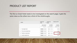 PRODUCT LIST REPORT
The Not so Great Hotel needs to be investigated on the search page, it gets the
same views as the othe...