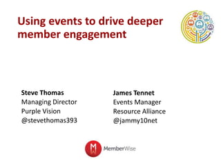 Using events to drive deeper
member engagement
Steve Thomas
Managing Director
Purple Vision
@stevethomas393
James Tennet
Events Manager
Resource Alliance
@jammy10net
 