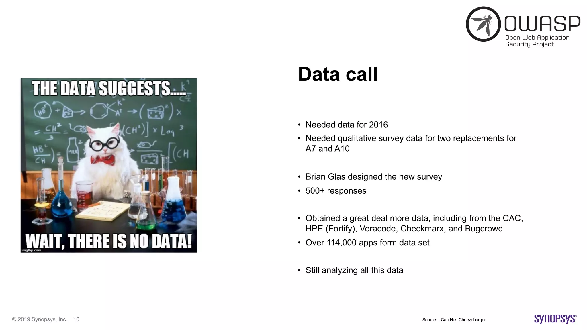 © 2019 Synopsys, Inc. 10
Data call
• Needed data for 2016
• Needed qualitative survey data for two replacements for
A7 and A10
• Brian Glas designed the new survey
• 500+ responses
• Obtained a great deal more data, including from the CAC,
HPE (Fortify), Veracode, Checkmarx, and Bugcrowd
• Over 114,000 apps form data set
• Still analyzing all this data
Source: I Can Has Cheezeburger
 