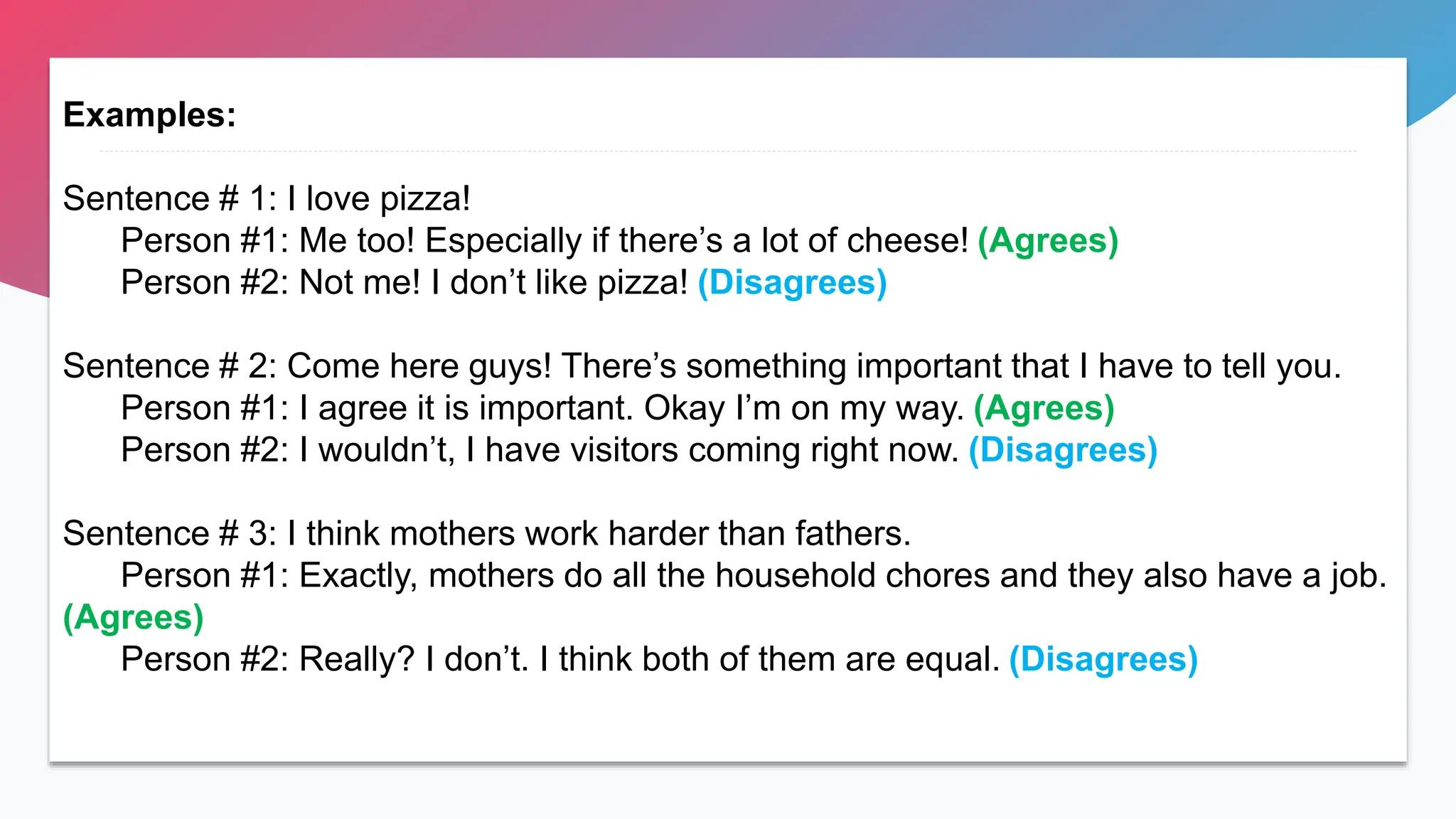 Examples:
Sentence # 1: I love pizza!
Person #1: Me too! Especially if there’s a lot of cheese! (Agrees)
Person #2: Not me! I don’t like pizza! (Disagrees)
Sentence # 2: Come here guys! There’s something important that I have to tell you.
Person #1: I agree it is important. Okay I’m on my way. (Agrees)
Person #2: I wouldn’t, I have visitors coming right now. (Disagrees)
Sentence # 3: I think mothers work harder than fathers.
Person #1: Exactly, mothers do all the household chores and they also have a job.
(Agrees)
Person #2: Really? I don’t. I think both of them are equal. (Disagrees)