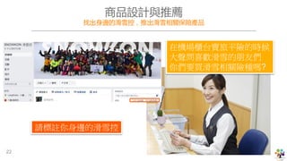 商品設計與推薦
找出身邊的滑雪控，推出滑雪相關保險產品
在機場櫃台賣旅平險的時候
大聲問喜歡滑雪的朋友們
你們要買滑雪相關險種嗎?
請標註你身邊的滑雪控
22
 