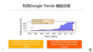 利用Google Trends 輔助決策
Quantifying Trading Behavior in
Financial Markets Using Google
Trends
Quantifying Wikipedia Usage
Patterns Before Stock Market
Moves
25
 