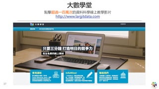 大數學堂
點擊超過一百萬次的資料科學線上教學影片
http://www.largitdata.com
37
 