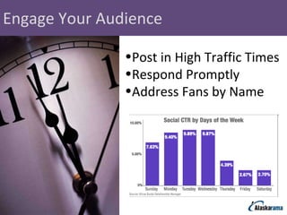 Engage Your Audience Post in High Traffic Times Respond Promptly Address Fans by Name 