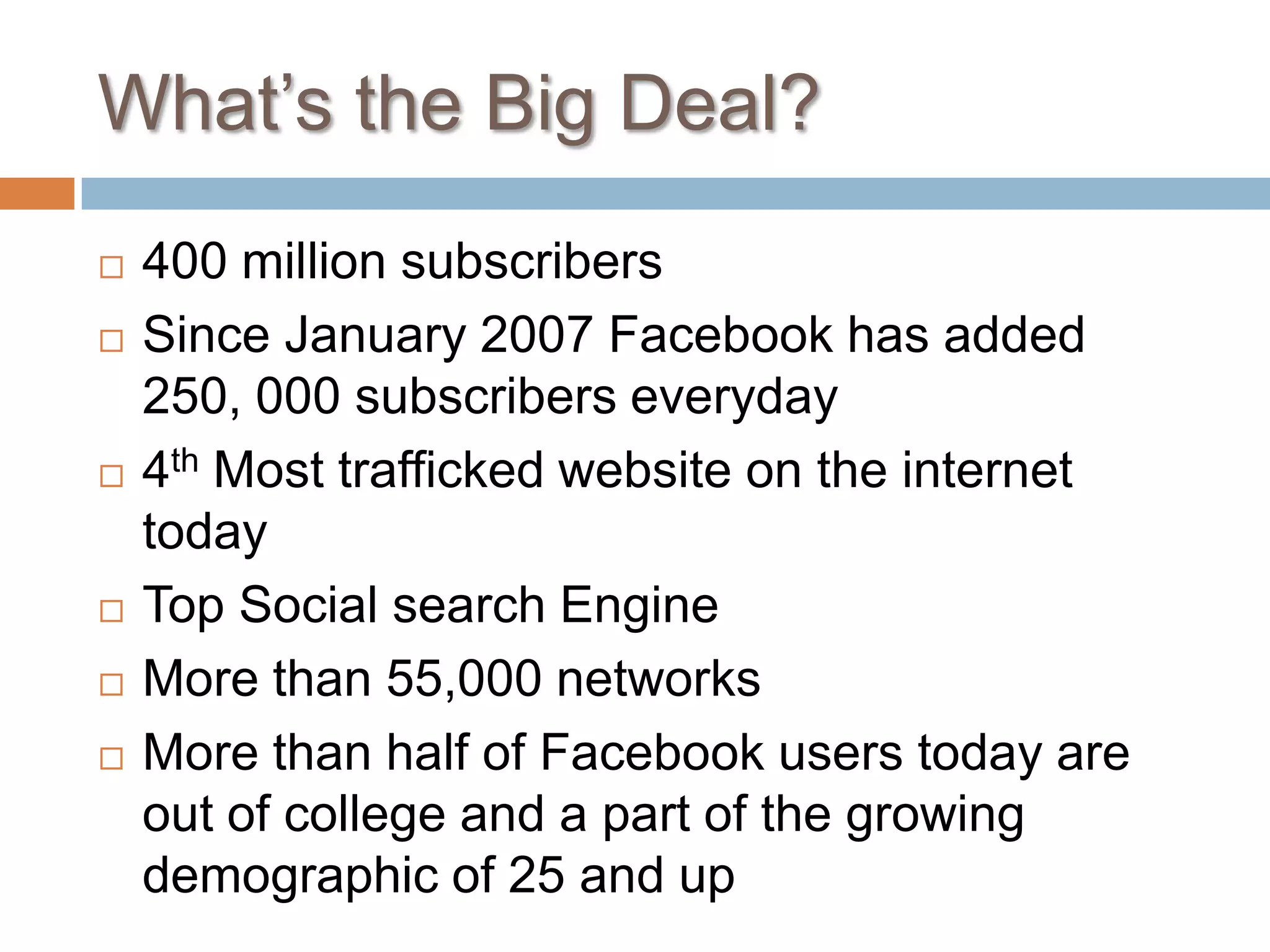 What’s the Big Deal?400 million subscribersSince January 2007 Facebook has added 250, 000 subscribers everyday4th Most trafficked website on the internet todayTop Social search EngineMore than 55,000 networksMore than half of Facebook users today are out of college and a part of the growing demographic of 25 and up