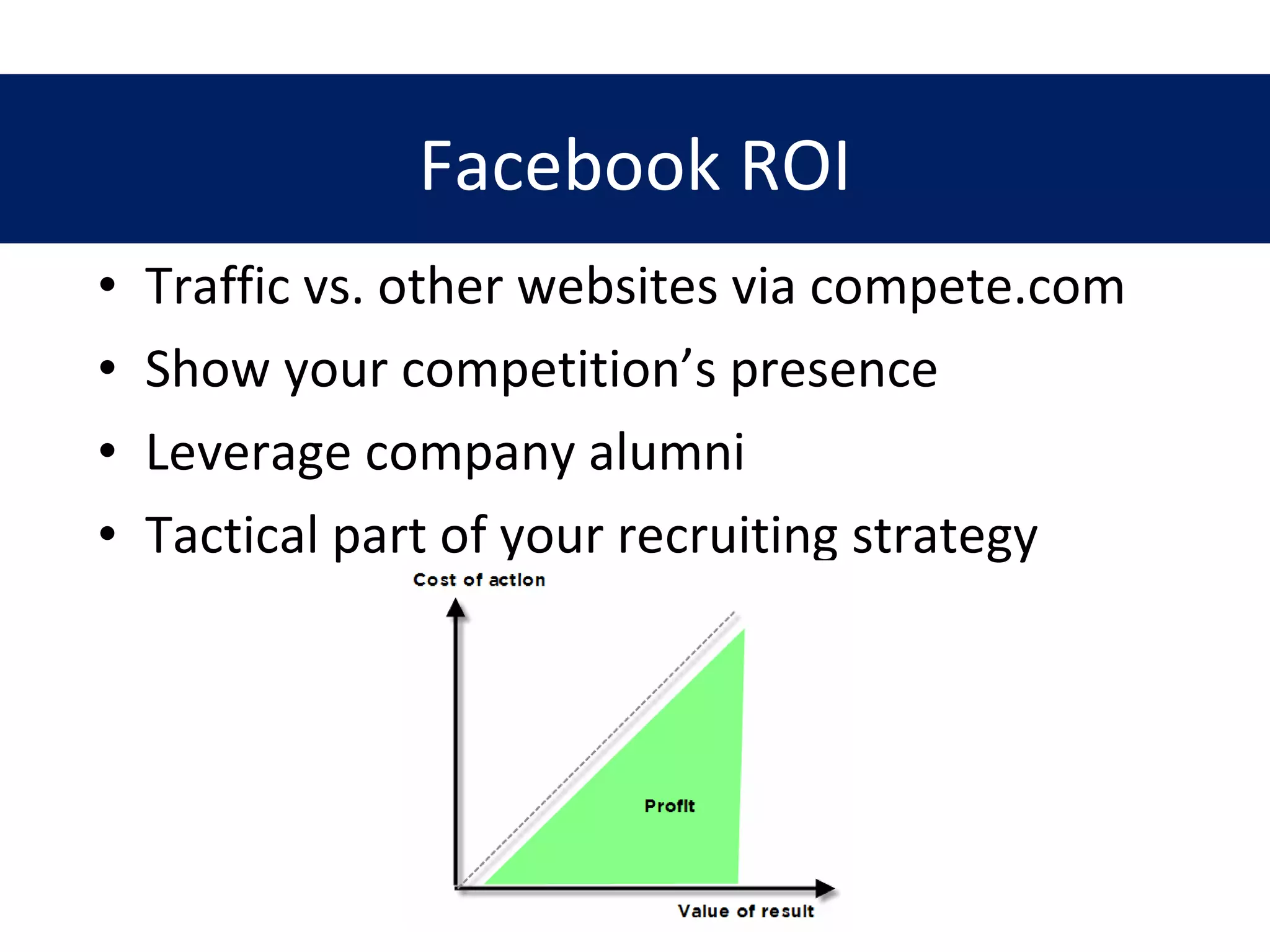 Traffic vs. other websites via compete.com Show your competition’s presence Leverage company alumni Tactical part of your recruiting strategy @jennydevaughn #FBrecruit  Facebook ROI 