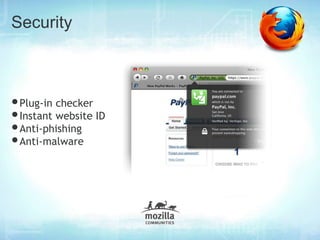 Security



•Plug-in checker
•Instant website ID
•Anti-phishing
•Anti-malware
 