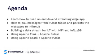 streamnative.io
● Learn how to build an end-to-end streaming edge app
● How to pull messages from Pulsar topics and persists the
messages to InﬂuxDB
● Building a data stream for IoT with NiFi and InﬂuxDB
● Using Apache Flink + Apache Pulsar
● Using Apache Spark + Apache Pulsar
Agenda
+
 