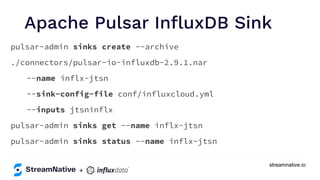 streamnative.io
Apache Pulsar InﬂuxDB Sink
pulsar-admin sinks create --archive
./connectors/pulsar-io-influxdb-2.9.1.nar
--name inflx-jtsn
--sink-config-file conf/influxcloud.yml
--inputs jtsninflx
pulsar-admin sinks get --name inflx-jtsn
pulsar-admin sinks status --name inflx-jtsn
+
 
