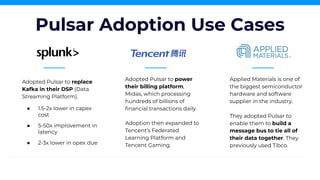 Adopted Pulsar to replace
Kafka in their DSP (Data
Streaming Platform).
● 1.5-2x lower in capex
cost
● 5-50x improvement in
latency
● 2-3x lower in opex due
Adopted Pulsar to power
their billing platform,
Midas, which processing
hundreds of billions of
ﬁnancial transactions daily.
Adoption then expanded to
Tencent’s Federated
Learning Platform and
Tencent Gaming.
Applied Materials is one of
the biggest semiconductor
hardware and software
supplier in the industry.
They adopted Pulsar to
enable them to build a
message bus to tie all of
their data together. They
previously used Tibco.
Pulsar Adoption Use Cases
 