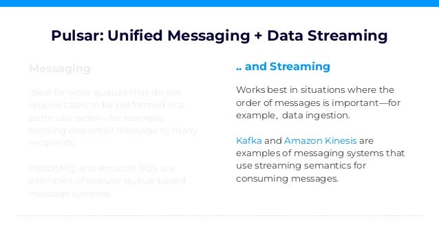 Messaging
Ideal for work queues that do not
require tasks to be performed in a
particular order—for example,
sending one email message to many
recipients.
RabbitMQ and Amazon SQS are
examples of popular queue-based
message systems.
Pulsar: Uniﬁed Messaging + Data Streaming
.. and Streaming
Works best in situations where the
order of messages is important—for
example, data ingestion.
Kafka and Amazon Kinesis are
examples of messaging systems that
use streaming semantics for
consuming messages.
 
