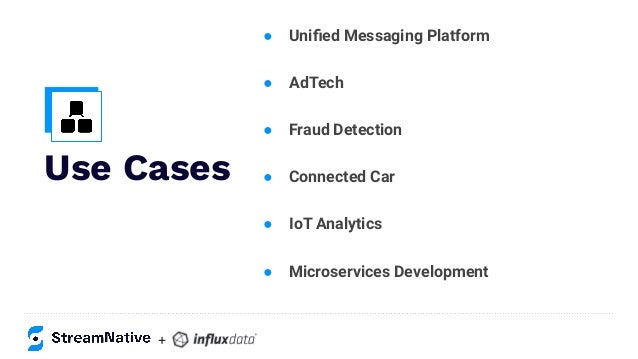 Use Cases
● Uniﬁed Messaging Platform
● AdTech
● Fraud Detection
● Connected Car
● IoT Analytics
● Microservices Development
+
 