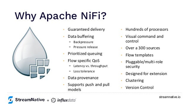 streamnative.io
Why Apache NiFi?
https://www.inﬂuxdata.com/integration/mqtt-monitoring/
+
https://www.influxdata.com/integration/mqtt-monitoring/
• Guaranteed delivery
• Data buffering
- Backpressure
- Pressure release
• Prioritized queuing
• Flow specific QoS
- Latency vs. throughput
- Loss tolerance
• Data provenance
• Supports push and pull
models
• Hundreds of processors
• Visual command and
control
• Over a 300 sources
• Flow templates
• Pluggable/multi-role
security
• Designed for extension
• Clustering
• Version Control
 