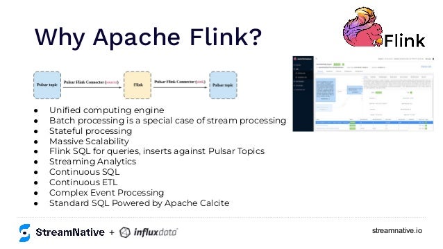 streamnative.io
● Uniﬁed computing engine
● Batch processing is a special case of stream processing
● Stateful processing
● Massive Scalability
● Flink SQL for queries, inserts against Pulsar Topics
● Streaming Analytics
● Continuous SQL
● Continuous ETL
● Complex Event Processing
● Standard SQL Powered by Apache Calcite
Why Apache Flink?
+
 
