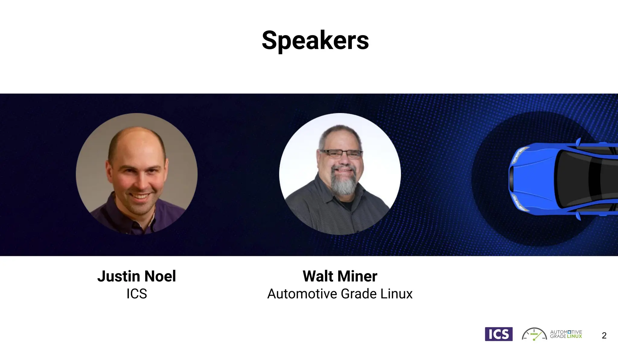 Speakers
2
Justin Noel
ICS
Walt Miner
Automotive Grade Linux
 