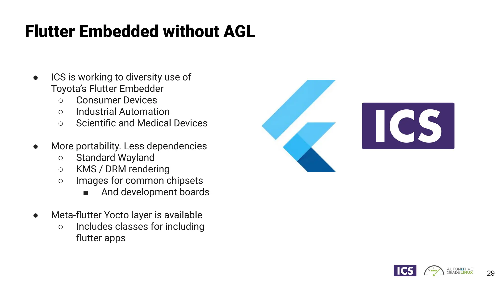 Flutter Embedded without AGL
● ICS is working to diversity use of
Toyota’s Flutter Embedder
○ Consumer Devices
○ Industrial Automation
○ Scientiﬁc and Medical Devices
● More portability. Less dependencies
○ Standard Wayland
○ KMS / DRM rendering
○ Images for common chipsets
■ And development boards
● Meta-ﬂutter Yocto layer is available
○ Includes classes for including
ﬂutter apps
29
 