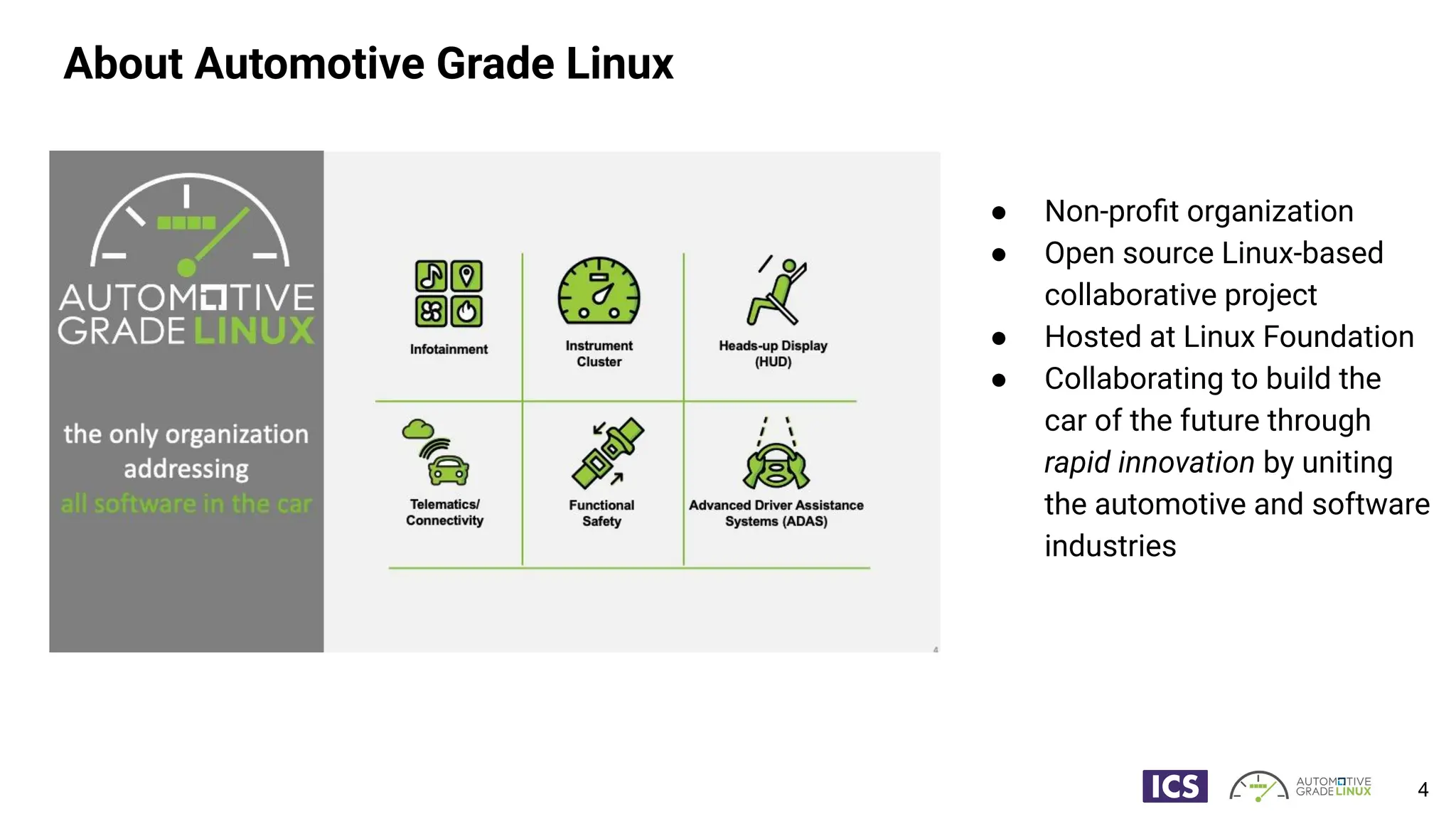 About Automotive Grade Linux
4
● Non-proﬁt organization
● Open source Linux-based
collaborative project
● Hosted at Linux Foundation
● Collaborating to build the
car of the future through
rapid innovation by uniting
the automotive and software
industries
 