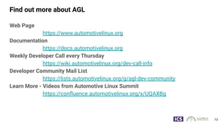 Find out more about AGL
Web Page
https://www.automotivelinux.org
Documentation
https://docs.automotivelinux.org
Weekly Developer Call every Thursday
https://wiki.automotivelinux.org/dev-call-info
Developer Community Mail List
https://lists.automotivelinux.org/g/agl-dev-community
Learn More - Videos from Automotive Linux Summit
https://conﬂuence.automotivelinux.org/x/UQAXBg
13
 