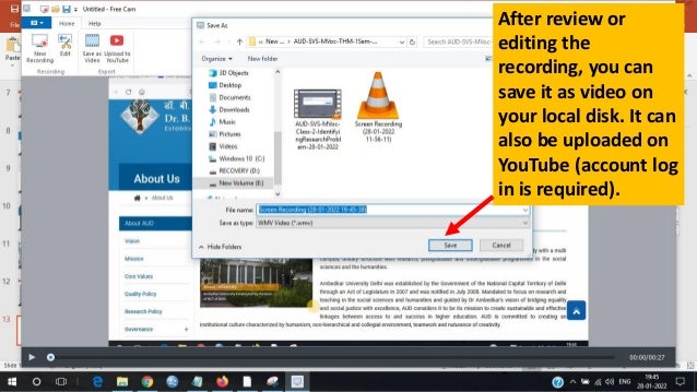 After review or
editing the
recording, you can
save it as video on
your local disk. It can
also be uploaded on
YouTube (account log
in is required).
 