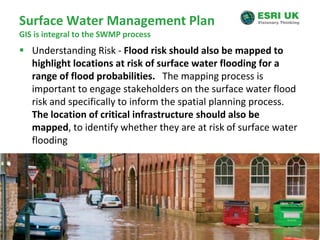 Surface Water Management PlanGIS is integral to the SWMP processUnderstanding Risk - Flood risk should also be mapped to highlight locations at risk of surface water flooding for a range of flood probabilities.   The mapping process is important to engage stakeholders on the surface water flood risk and specifically to inform the spatial planning process.  The location of critical infrastructure should also be mapped, to identify whether they are at risk of surface water flooding