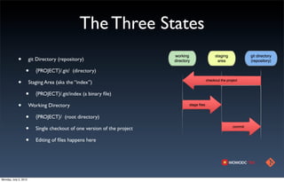 The Three States
            •          git Directory (repository)

                  •       {PROJECT}/.git/ (directory)

            •          Staging Area (aka the “index”)

                  •       {PROJECT}/.git/index (a binary ﬁle)

            •          Working Directory

                  •       {PROJECT}/ (root directory)

                  •       Single checkout of one version of the project

                  •       Editing of ﬁles happens here




Monday, July 2, 2012
 