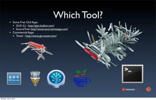 Which Tool?
            • Some Free GUI Apps
              • GitX (L) : http://gitx.laullon.com/
              • SourceTree: http://www.sourcetreeapp.com/
            • Commercial Apps
              • Tower : http://www.git-tower.com/




Monday, July 2, 2012
 