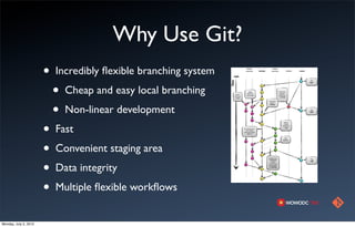 Why Use Git?
                       •   Incredibly ﬂexible branching system
                           •   Cheap and easy local branching
                           •   Non-linear development
                       •   Fast
                       •   Convenient staging area
                       •   Data integrity
                       •   Multiple ﬂexible workﬂows


Monday, July 2, 2012
 