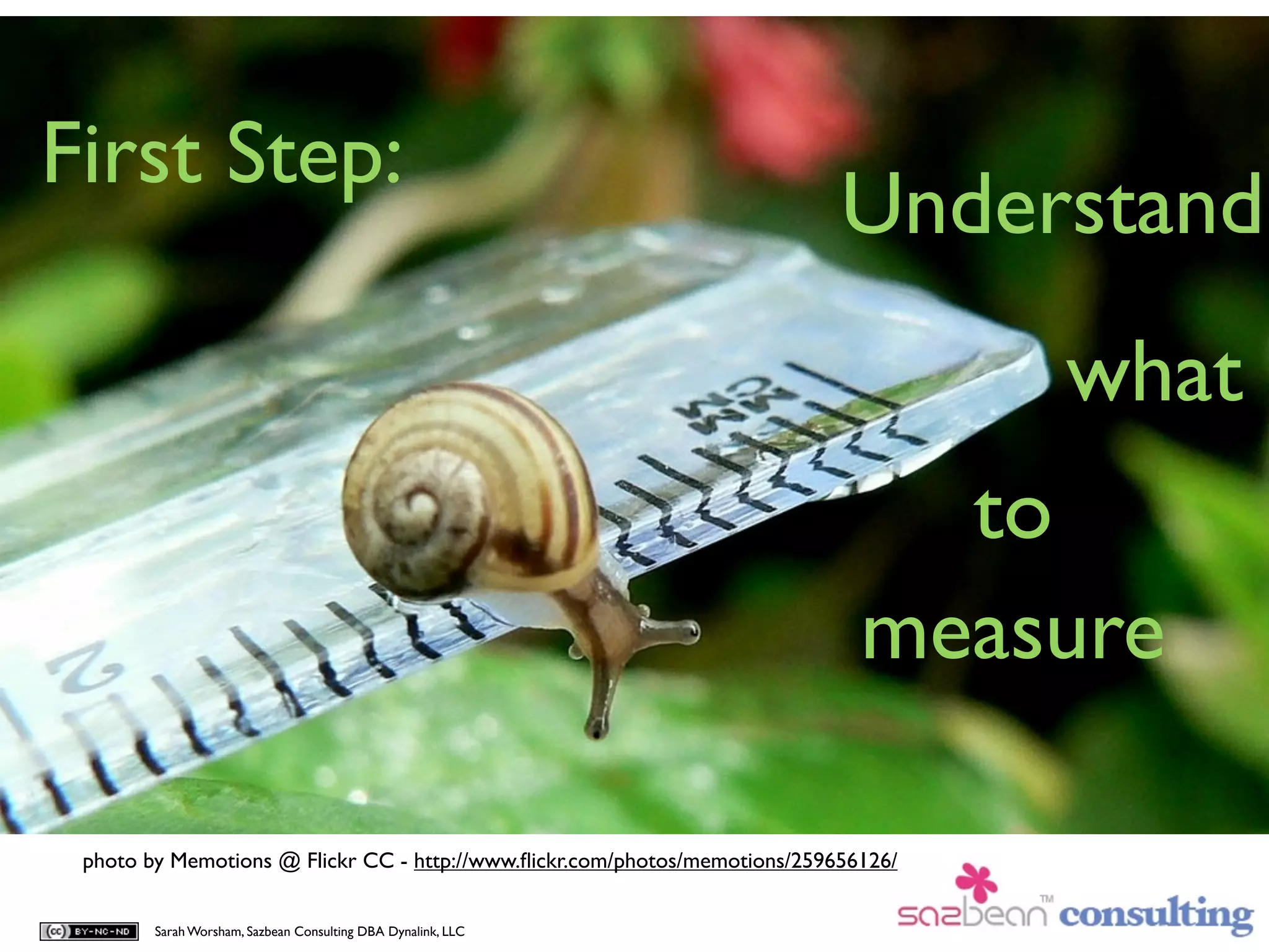 First Step:
                                                                            Understand
                                                                                     what
                                                                                to
                                                                              measure

 photo by Memotions @ Flickr CC - http://www.ﬂickr.com/photos/memotions/259656126/


        Sarah Worsham, Sazbean Consulting DBA Dynalink, LLC
 