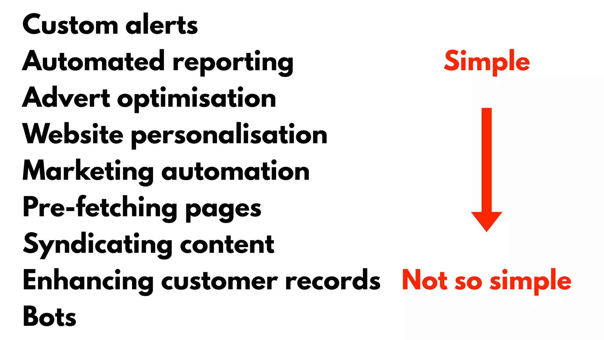 Custom alerts
Automated reporting
Advert optimisation
Website personalisation
Marketing automation
Pre-fetching pages
Syndicating content
Enhancing customer records
Bots
Simple
Not so simple
 