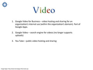 1. Google Video for Business – video hosting and sharing for an
                      organization’s internal use (within the organization’s domain). Part of
                      Google Apps.

                   2. Google Video – search engine for videos (no longer supports
                      uploads)

                   3. You Tube – public video hosting and sharing




Image (logo): http://www.funnylogo.info/create.asp
 