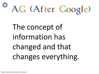 The concept of
                   information has
                   changed and that
                   changes everything.
Image: http://www.funnylogo.info/create.asp
 