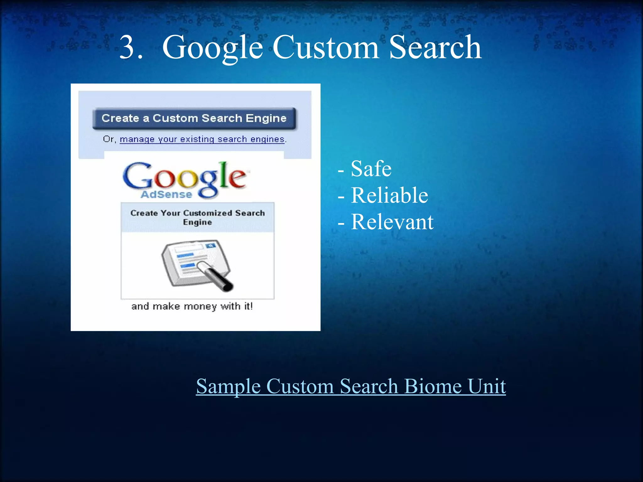 Sample Custom Search Biome Unit       3.  Google Custom Search         -  Safe - Reliable - Relevant 
