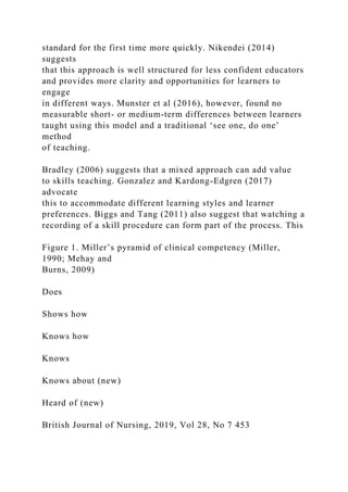 standard for the first time more quickly. Nikendei (2014)
suggests
that this approach is well structured for less confident educators
and provides more clarity and opportunities for learners to
engage
in different ways. Munster et al (2016), however, found no
measurable short- or medium-term differences between learners
taught using this model and a traditional ‘see one, do one’
method
of teaching.
Bradley (2006) suggests that a mixed approach can add value
to skills teaching. Gonzalez and Kardong-Edgren (2017)
advocate
this to accommodate different learning styles and learner
preferences. Biggs and Tang (2011) also suggest that watching a
recording of a skill procedure can form part of the process. This
Figure 1. Miller’s pyramid of clinical competency (Miller,
1990; Mehay and
Burns, 2009)
Does
Shows how
Knows how
Knows
Knows about (new)
Heard of (new)
British Journal of Nursing, 2019, Vol 28, No 7 453
 