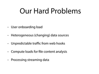 Our Hard Problems
• User onboarding load
• Heterogeneous (changing) data sources
• Unpredictable traﬃc from web hooks
• Compute loads for file content analysis
• Processing streaming data
 