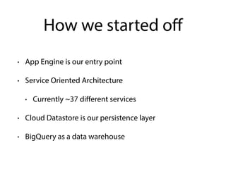 How we started oﬀ
• App Engine is our entry point
• Service Oriented Architecture
• Currently ~37 diﬀerent services
• Cloud Datastore is our persistence layer
• BigQuery as a data warehouse
 