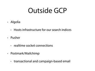 Outside GCP
• Algolia
• Hosts infrastructure for our search indices
• Pusher
• realtime socket connections
• Postmark/Mailchimp
• transactional and campaign-based email
 