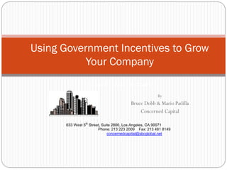 Using Government Incentives to Grow
           Your Company
               Presented To: NAME THE COMPANY

                                                       By
                                         Bruce Dobb & Mario Padilla
                                             Concerned Capital

       633 West 5th Street, Suite 2800, Los Angeles, CA 90071
                         Phone: 213 223 2009 Fax: 213 481 8149
                               concernedcapital@sbcglobal.net
 