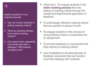 + Aims of Project Initial aims: To engage students in the
entire marking process from the
setting of marking criteria through the
receipt and feed-forward application of
feedback
 To write/design effective marking criteria
that are specific to pieces of work
 To engage students in the process of
using marking criteria in preparation for
an assignment
 To provide feedback on coursework that
links directly to marking criteria
 Use GradeMark to develop libraries of
feedback comments that can function
much like dialogue with students
Implicit questions in our
original proposal:
1. Can we involve students in
writing marking criteria?
2. What do students already
know about marking
criteria?
3. Can typed (even repeated!)
comments work like a
dialogue? Will students
recognise this?
 