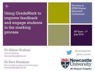+
Using GradeMark to
improve feedback
and engage students
in the marking
process
Dr Alison Graham
School of Biology
alison.graham@ncl.ac.uk
Dr Sara Marsham
School of Marine Science & Technology,
sara.marsham@ncl.ac.uk
Horizons in
STEM Higher
Education
Conference
30th June - 1st
July 2016
@alisonigraham
@sara_marine
 
