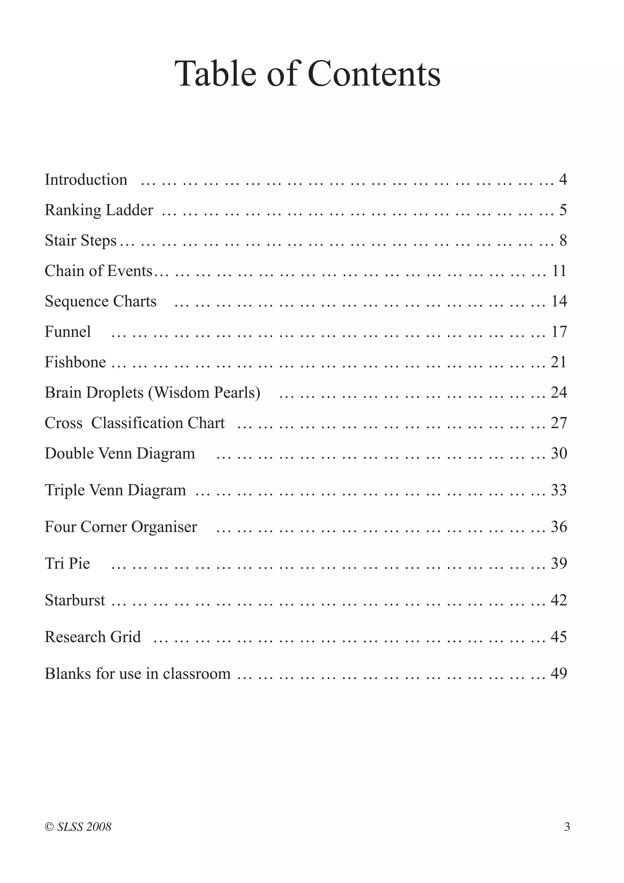 Table of Contents

Introduction … … … … … … … … … … … … … … … … … … … … 4
Ranking Ladder … … … … … … … … … … … … … … … … … … … 5
Stair Steps … … … … … … … … … … … … … … … … … … … … … 8
Chain of Events… … … … … … … … … … … … … … … … … … … 11
Sequence Charts … … … … … … … … … … … … … … … … … … 14
Funnel    … … … … … … … … … … … … … … … … … … … … … 17
Fishbone … … … … … … … … … … … … … … … … … … … … … 21
Brain Droplets (Wisdom Pearls)   … … … … … … … … … … … … … 24
Cross Classification Chart … … … … … … … … … … … … … … … 27
Double Venn Diagram     … … … … … … … … … … … … … … … … 30

Triple Venn Diagram … … … … … … … … … … … … … … … … … 33

Four Corner Organiser   … … … … … … … … … … … … … … … … 36

Tri Pie   … … … … … … … … … … … … … … … … … … … … … 39

Starburst … … … … … … … … … … … … … … … … … … … … … 42

Research Grid … … … … … … … … … … … … … … … … … … … 45

Blanks for use in classroom … … … … … … … … … … … … … … … 49




© SLSS 2008                                                 3
 