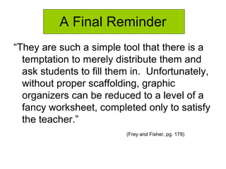 A Final Reminder
“They are such a simple tool that there is a
temptation to merely distribute them and
ask students to fill them in. Unfortunately,
without proper scaffolding, graphic
organizers can be reduced to a level of a
fancy worksheet, completed only to satisfy
the teacher.”
(Frey and Fisher, pg. 179)
 