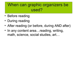 When can graphic organizers be
used?
• Before reading
• During reading
• After reading (or before, during AND after)
• In any content area…reading, writing,
math, science, social studies, art…
 